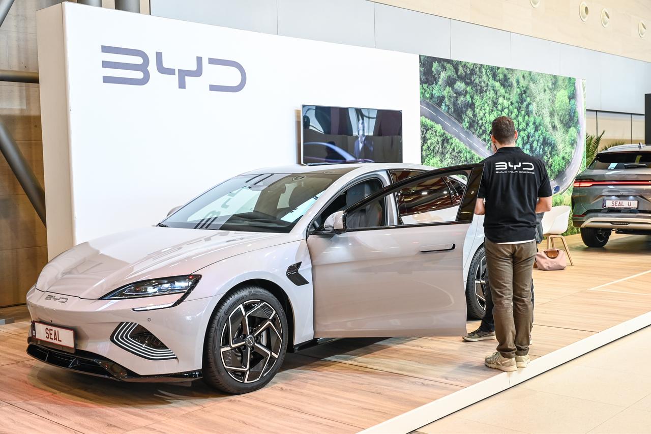 A BYD Seal electric sedan is displayed at the Automotive eMotion Summit 2024 in Brussels, Belgium. (Adobe Stock Photo)