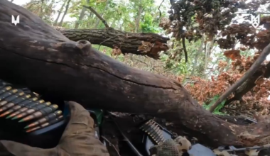 A Ukrainian Micro recon drone spots two russian soldiers hiding in conceilment, their position is relayed to Ukrainian infantry who saturate the area with MG fire, killing the russians. October 2025.