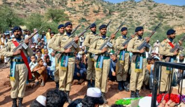 Pakistan troops are seen at a funeral in Khyber Pakhtunkhwa province for a colleague who was killed in border clashes with Afghanistan