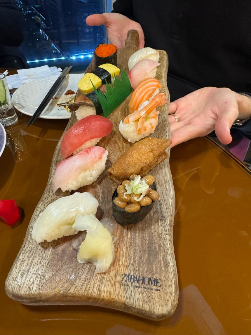 Sushi served for Justin Martell at a restaurant in Pyongyang