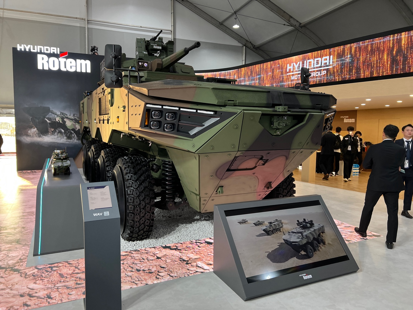 A full-scale model of Hyundai Rotem's wheeled armored vehicle under development is on display at the company's exhibit at the Seoul ADEX on Oct. 17, 2023. [MICHAEL LEE]
