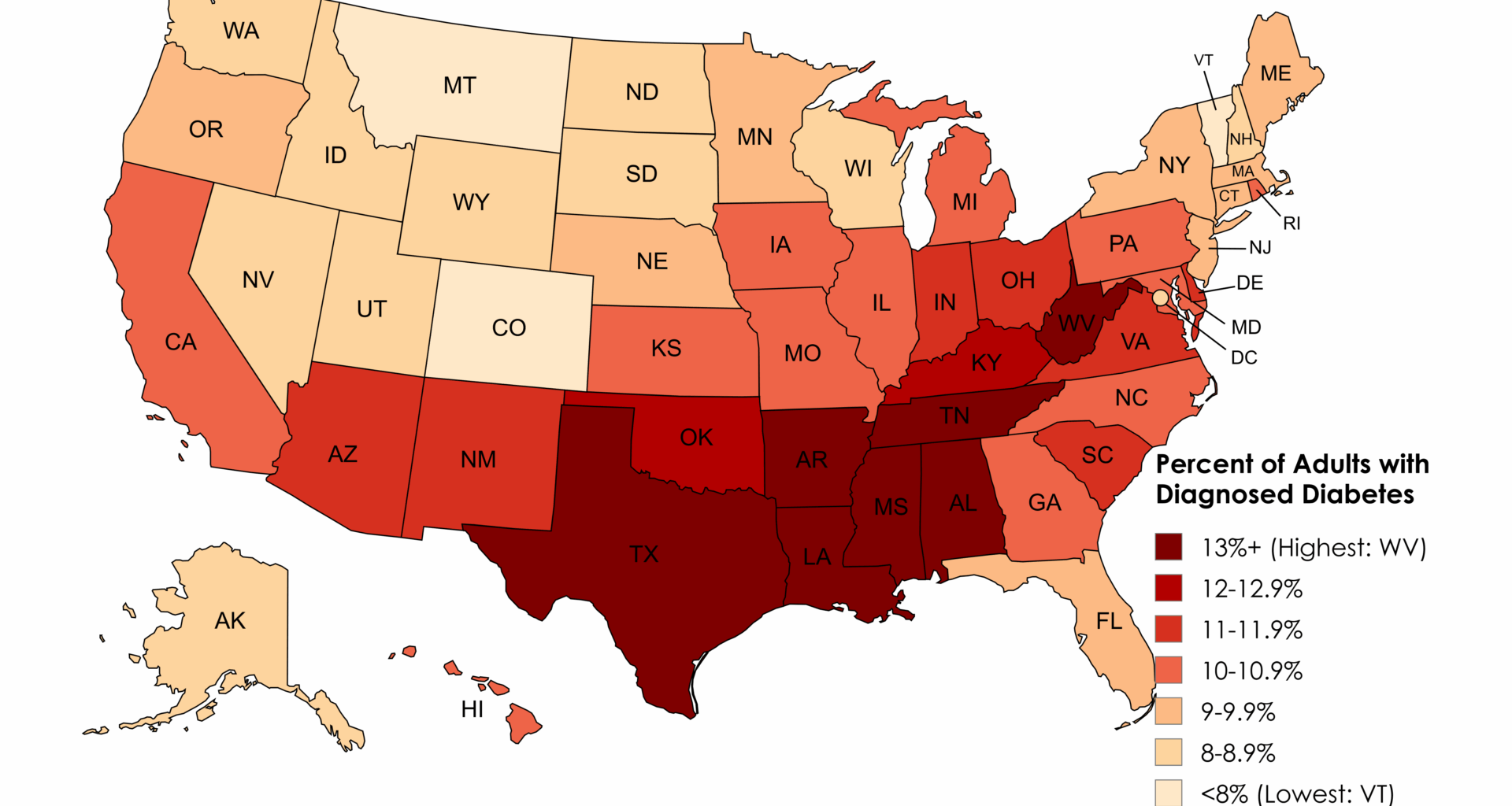 [OC] Percent of Adults with Diagnosed Diabetes by U.S. State (2022)