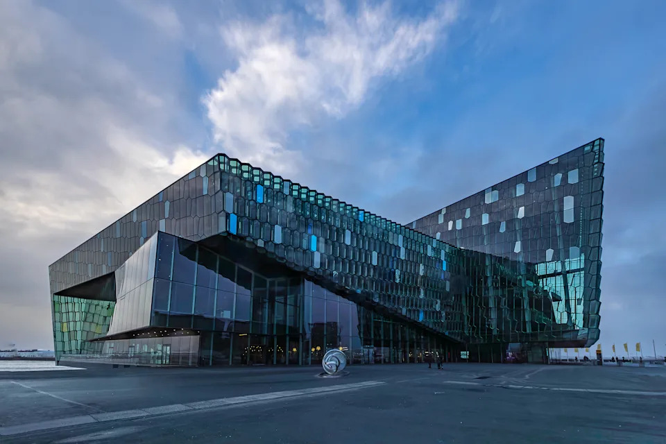 Reykjavik, Iceland - November 05, 2024: The modern Harpa Concert Hall in Reykjavik harbor.