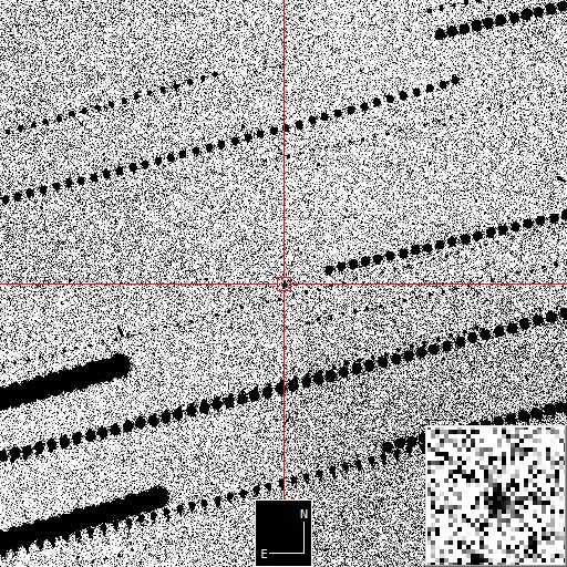 A grainy black-and-white image with a black dot in red crosshairs in the center