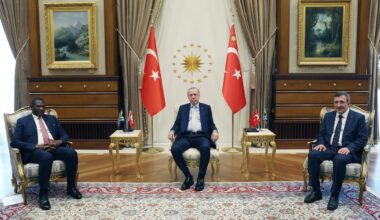 President Recep Tayyip Erdogan (C) receives Deputy President of the Republic of South Africa Paul Shipokosa Mashatile (L) at the Presidential Complex in Ankara, Türkiye on Oct. 15, 2025. ( TUR Presidency / AA Photo)