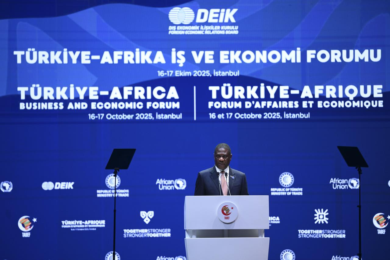 Vice President of South Africa Paul Mashatile makes a speech at the closing ceremony of Turkiye-Africa Business and Economy Forum held at Istanbul Congress Center in Istanbul, Türkiye, on Oct. 17, 2025. (AA Photo)