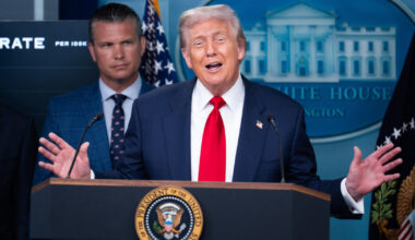 President Donald Trump conducts a news conference in the White House briefing room on Aug. 11. Defense Secretary Pete Hegseth also appears.