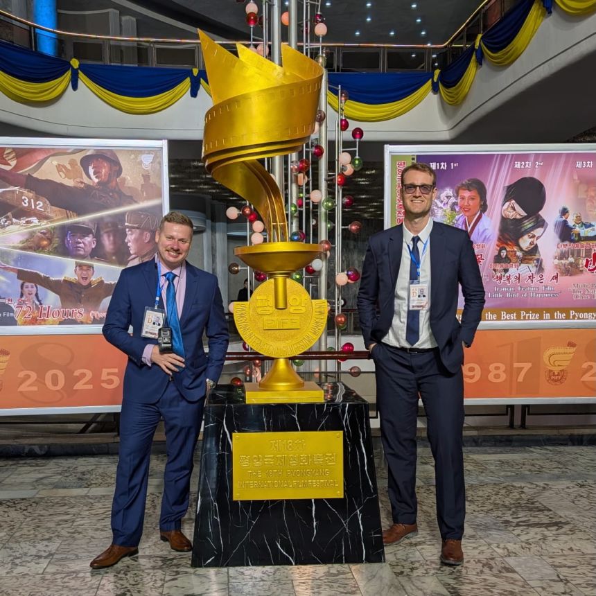 Justin and Young Pioneer Tours co-founder Rowan Beard at the Pyongyang International Film Festival in the North Korean capital.
