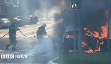 Firefighters trying to put down fire after strike on Belgorod, Russia