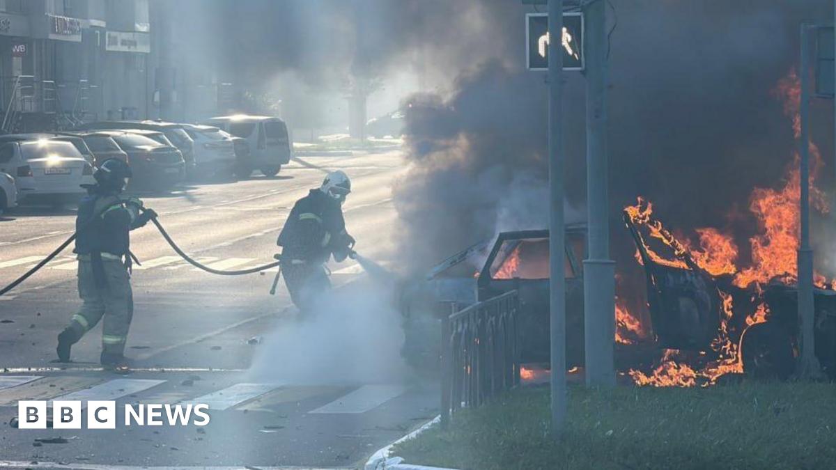 Firefighters trying to put down fire after strike on Belgorod, Russia