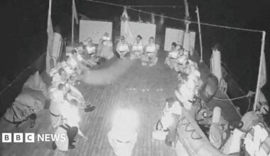 A screengrab from a live video footage shows crew members sitting in a circle aboard the Gaza-bound Alma vessel, part of the Global Sumud Flotilla