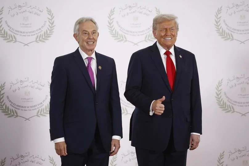  President Donald Trump and British former prime minister Tony Blair pose at the Gaza Peace Summit in Sharm el-Sheikh, Egypt, Monday, Oct.13 2025. 