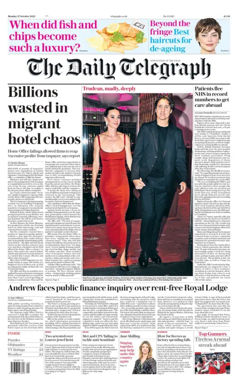 "Billions wasted in migrant hotel chaos" reads the headline on the front page of The Daily Telegraph.