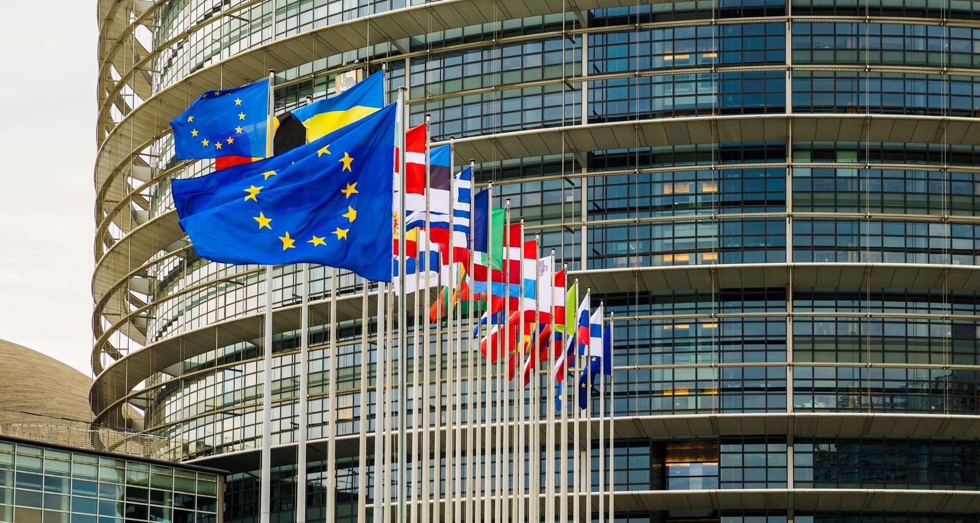 Die Europaflagge und mehrere Länderflaggen vor dem EU-Parlament in Straßburg