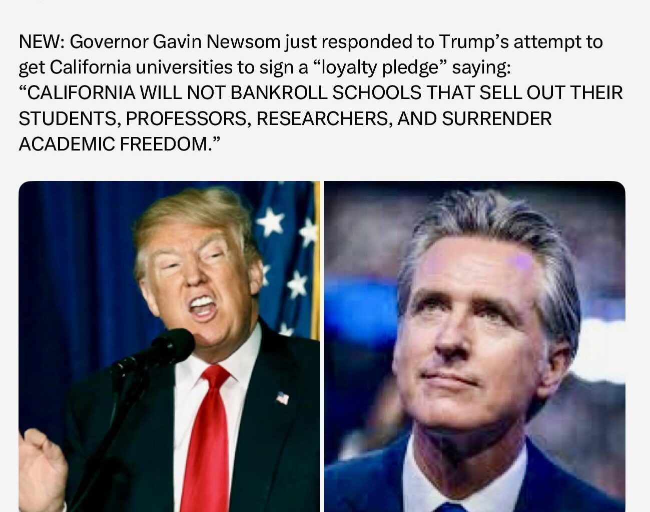Huge respect to Fav Gov Gavin C. Newsom for protecting academic freedom while fascist MAGATS in the WH try to criminalize it. Schumer & Jeffries? Oh, they’re probably holding a press conference to announce a sternly worded letter. America deserves fighters, not pen pals.
