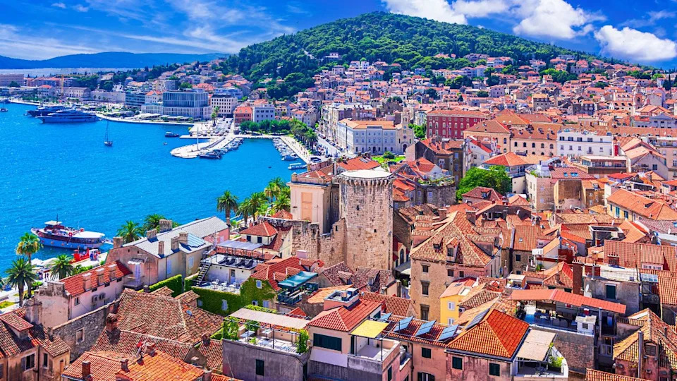 Split, Croatia: Panoramic cityscape of the old medieval city, waterfront and Marjan hill, Dalmatia, Adriatic sea