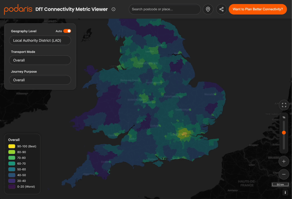 [OC] I made this visualiser for a new national connectivity metric that the UK Department for Transport just released