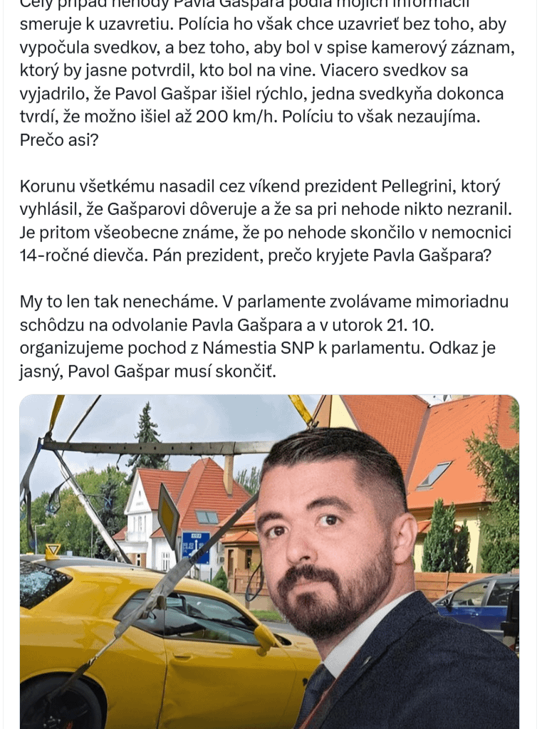 Mafiánsky režim? Slovenská polícia odmieta vyšetrovať Gašparovu škandalóznu nehodu, doteraz nepožiadala o záznamy z kamier ani nevypočula svedkov.