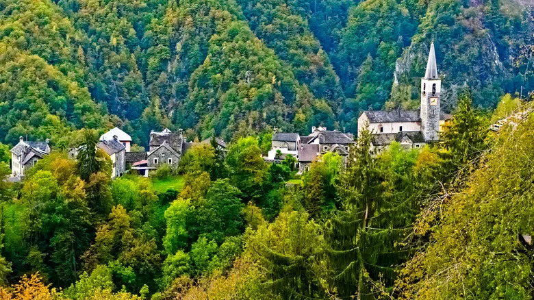 An old village perches on an autumn-colored hill near the Vigezzina-Centovalli Railway