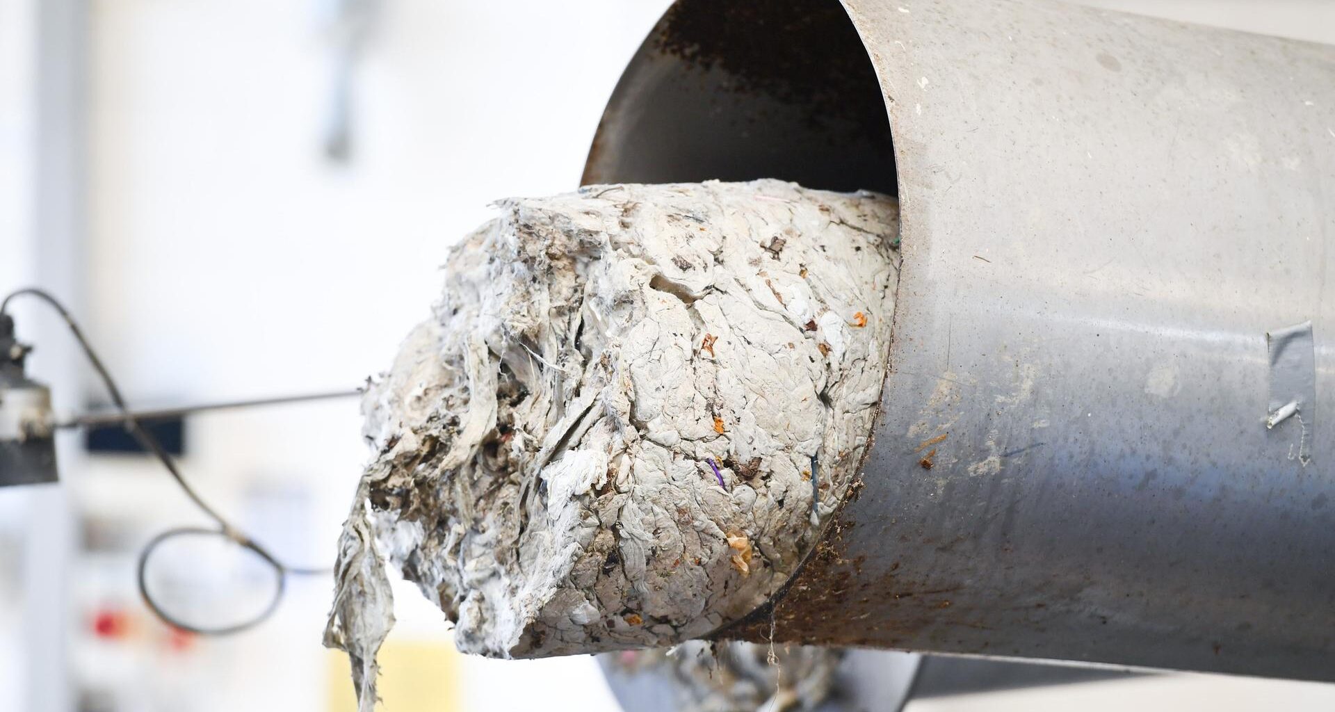 Sogenanntes Rechengut steckt in einem Klärwerk in einer Rohrleitung.