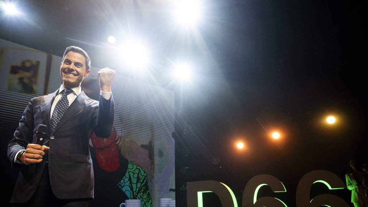 D66-leider Rob Jetten reageert op de exitpoll.