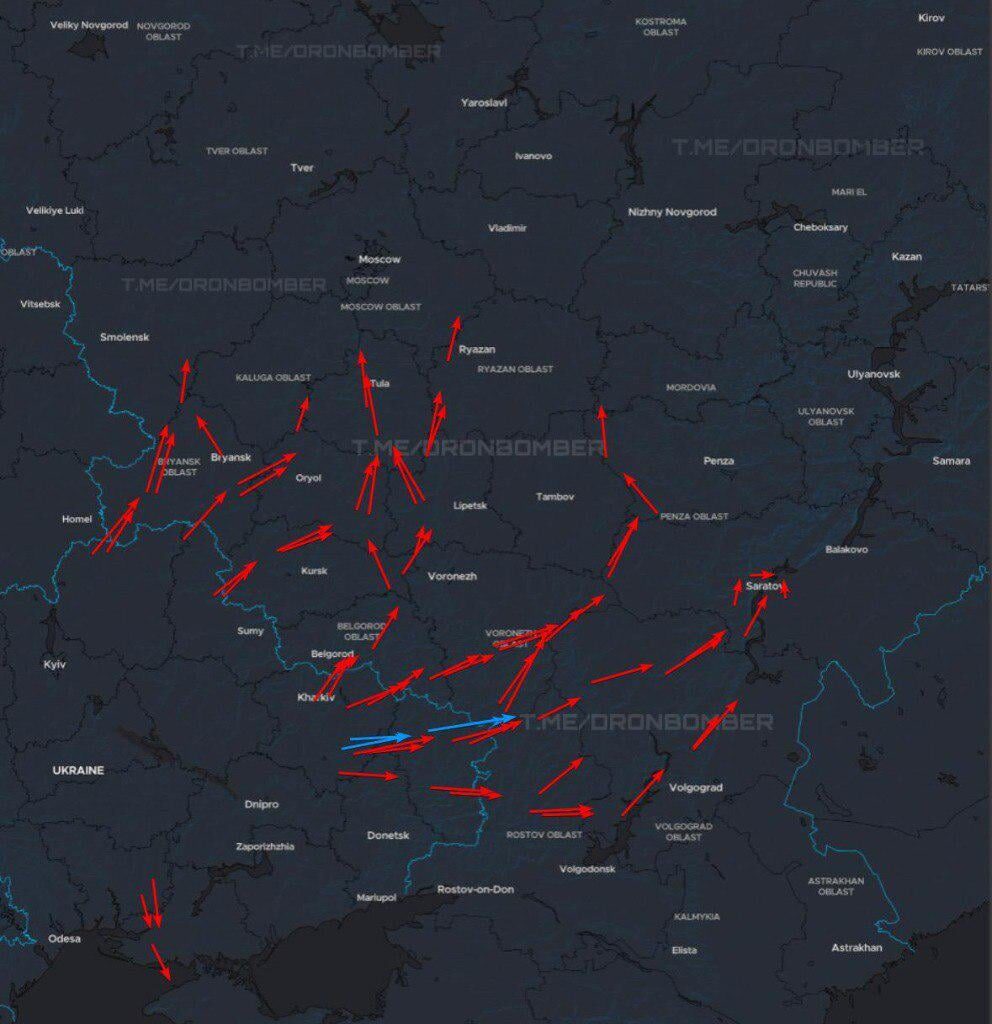 Ukrainian long-range strike drones and jet drones (blue arrows) are attacking Russian oil refineries/energy infrastructure/military facilities. Information is current as of 00:00