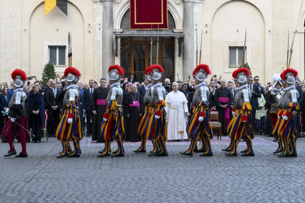 Pope Leo XIV observes the Swiss Guard during a swearing-in ceremony at the Vatican, Saturday, Oct. 4, 2025. Credit: Vatican Media