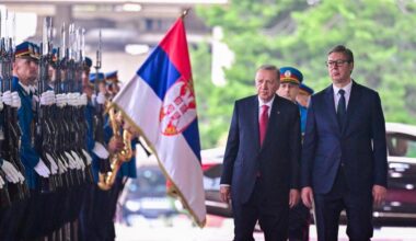 Turkish President Recep Tayyip Erdogan (L) inspects the honour guards as he welcomed by Serbian President Aleksandar Vucic (R) during official welcoming ceremony within his official visit in Belgrade, Serbia on Oct. 11, 2024. (AA Photo)