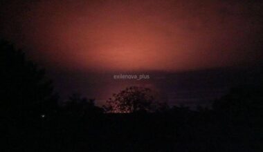 A red glow covers the sky in Feodosia, occupied Crimea.