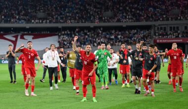 Players of Türkiye celebrate their victory at the end of the 2026 FIFA World Cup UEFA Qualifiers Group E match between Georgia and Türkiye at Boris Paichadze National Stadium in Tbilisi, Georgia, September 4, 2025. (AA Photo)