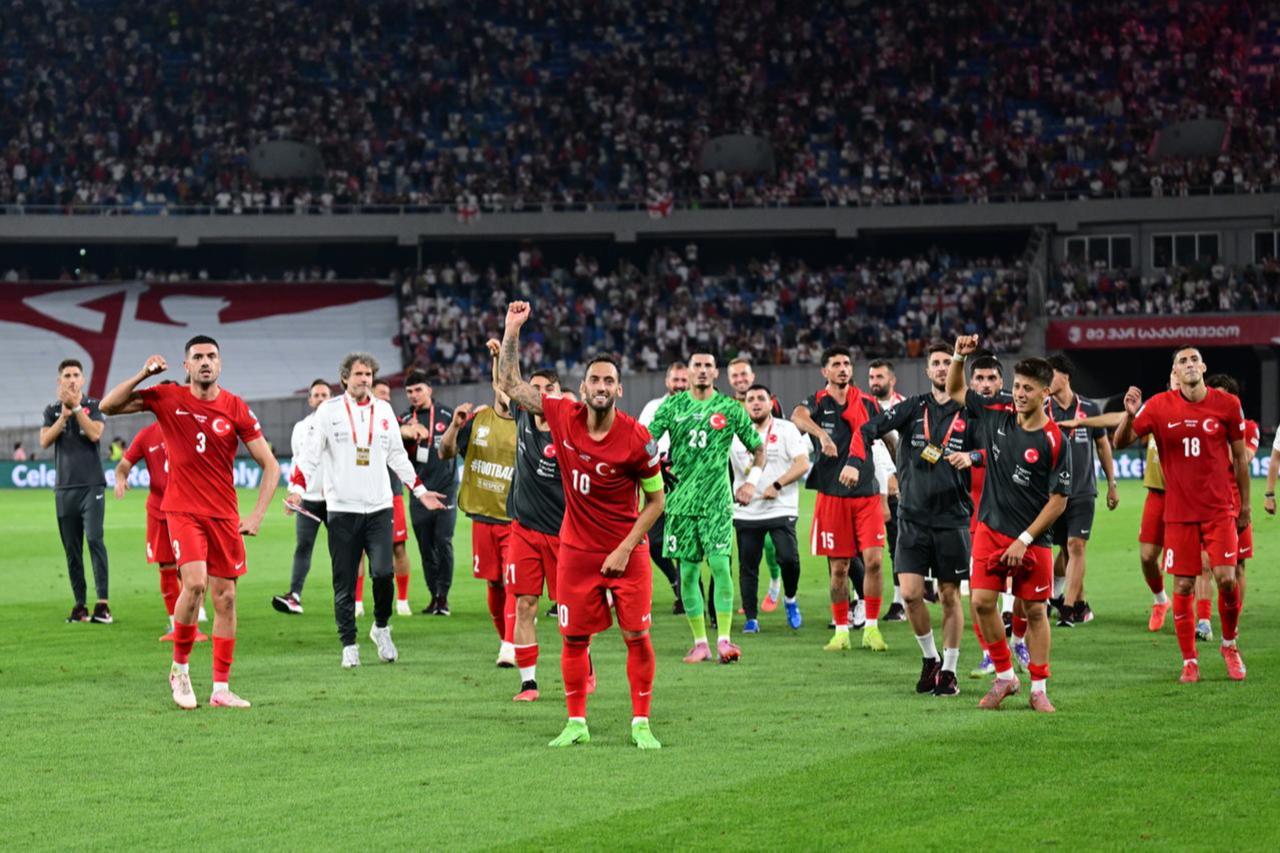 Players of Türkiye celebrate their victory at the end of the 2026 FIFA World Cup UEFA Qualifiers Group E match between Georgia and Türkiye at Boris Paichadze National Stadium in Tbilisi, Georgia, September 4, 2025. (AA Photo)