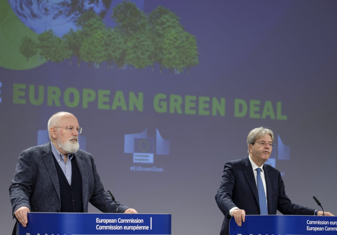 July 15, 2021: Former executive vice president of the European Commission for the European Green Deal, Frans Timmermans (left), and former EU commissioner for Economy, Paolo Gentiloni (right), speak to the media about the Carbon Border Adjustment Mechanism.