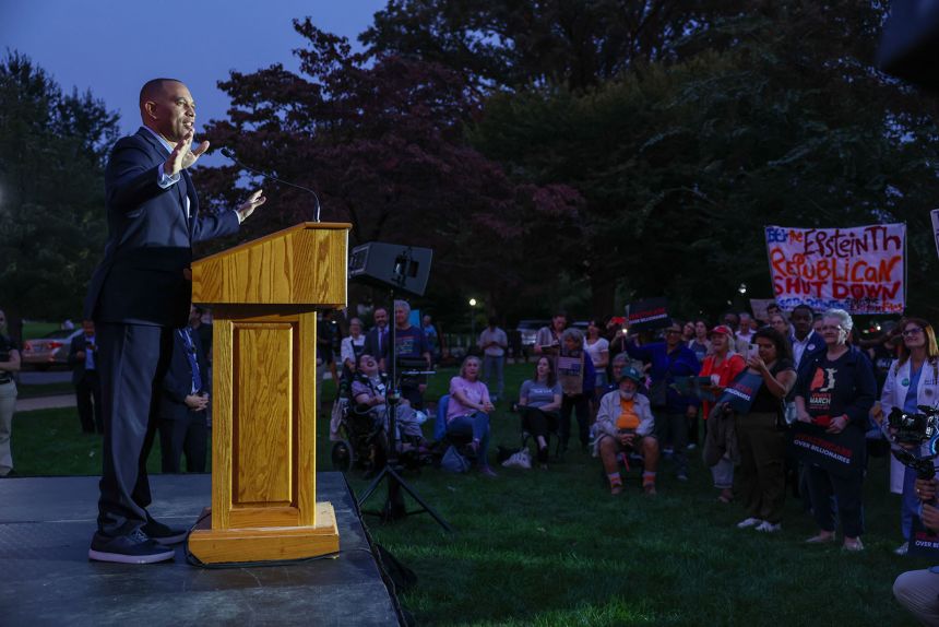 House Minority Leader Hakeem Jeffries speaks at a Health Care Over Billionaires Rally at the US Capitol on Tuesday, September 30,  in Washington, DC.