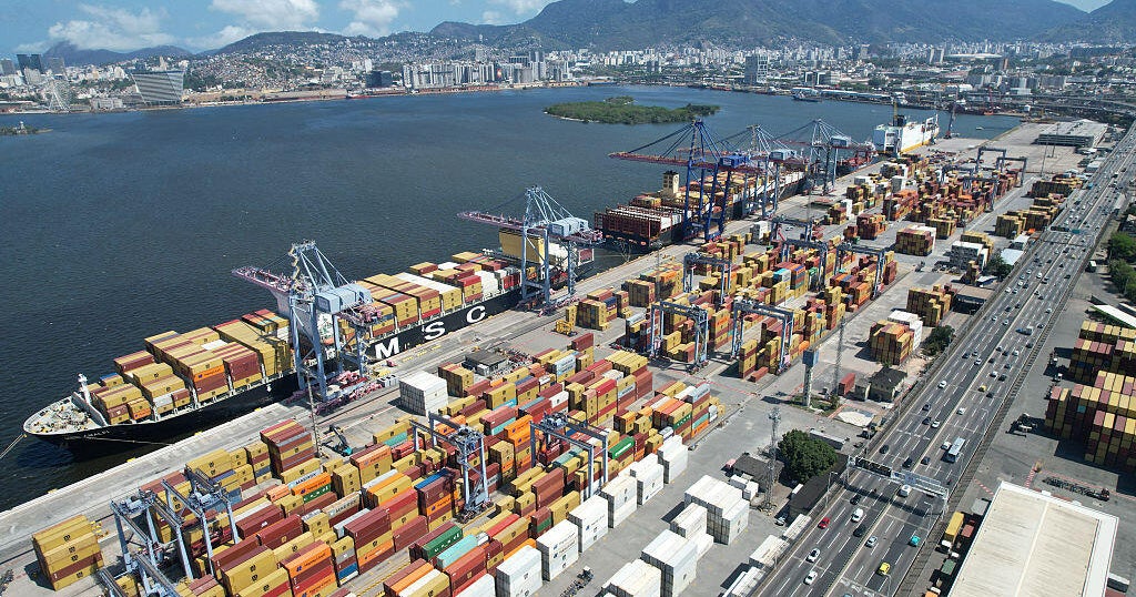 Containers sit at the port of Rio de Janeiro on Oct. 22, 2025.