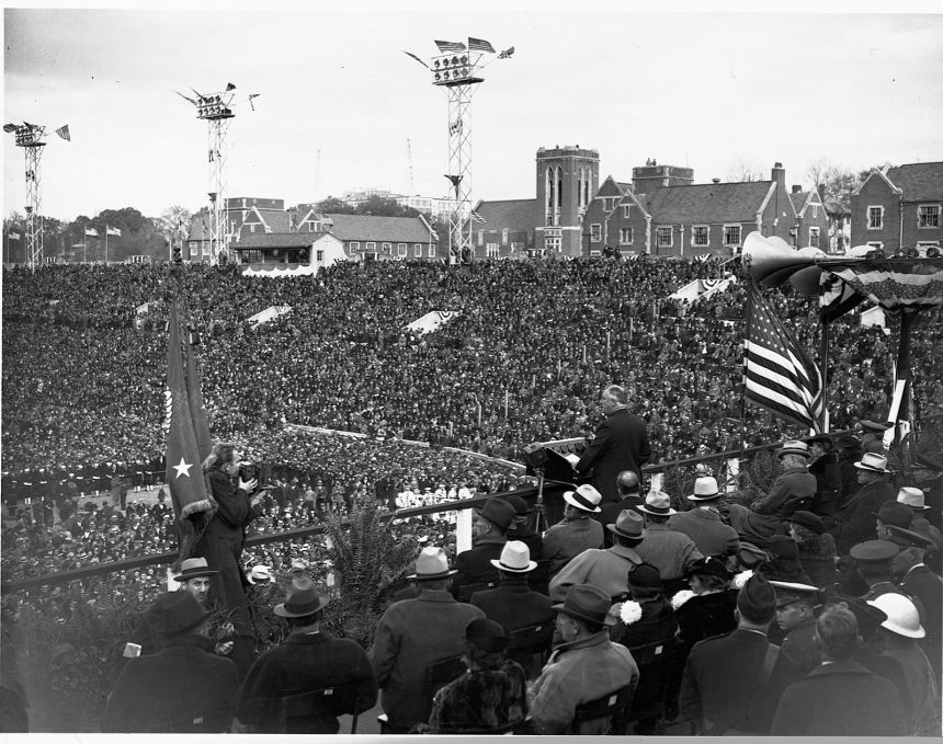 President Franklin Delano Roosevelt addresses crowds at Grant Field, in Atlanta, defending the New Deal, on November 30, 1935.