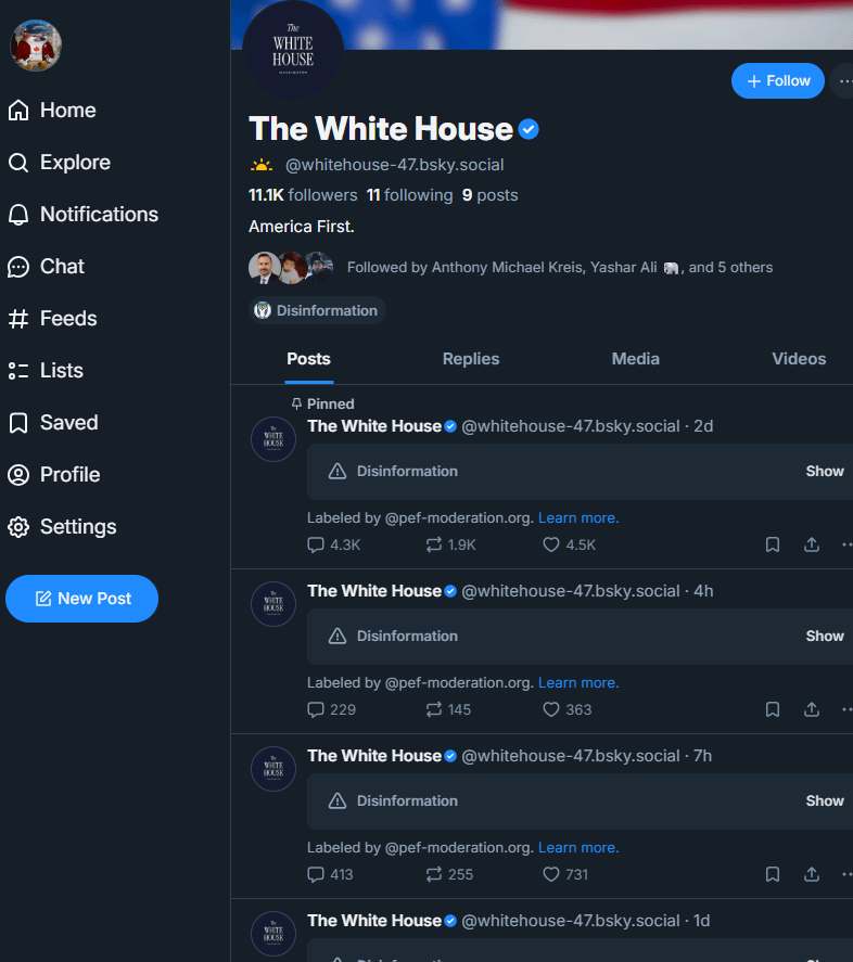 Bluesky marking all White House skeets as disinformation.