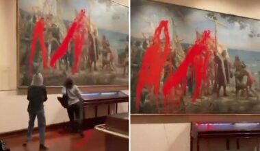 Red paint attack on Columbus canvas by Futuro Vegetal activists