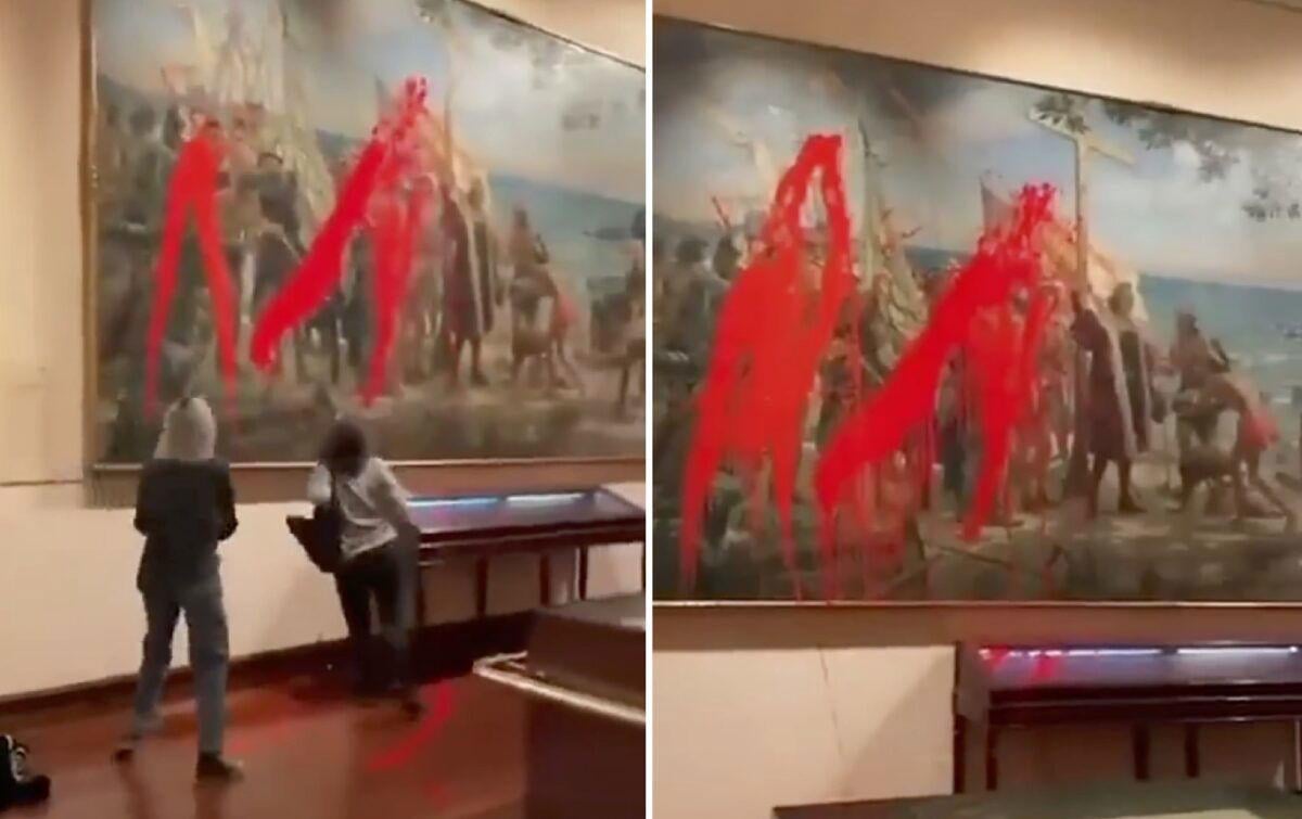 Red paint attack on Columbus canvas by Futuro Vegetal activists