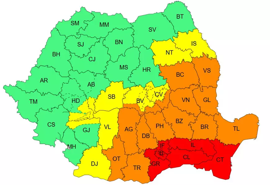 Harta județelor afectate de avertizările cod roșu, galben și portocaliu