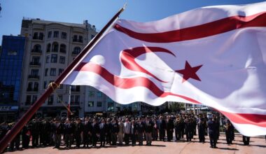 The TRNC flag flies as veterans of the Cyprus Peace Operation join dignitaries for a ceremony, Istanbul, Türkiye, July 20, 2025. (AA Photo)