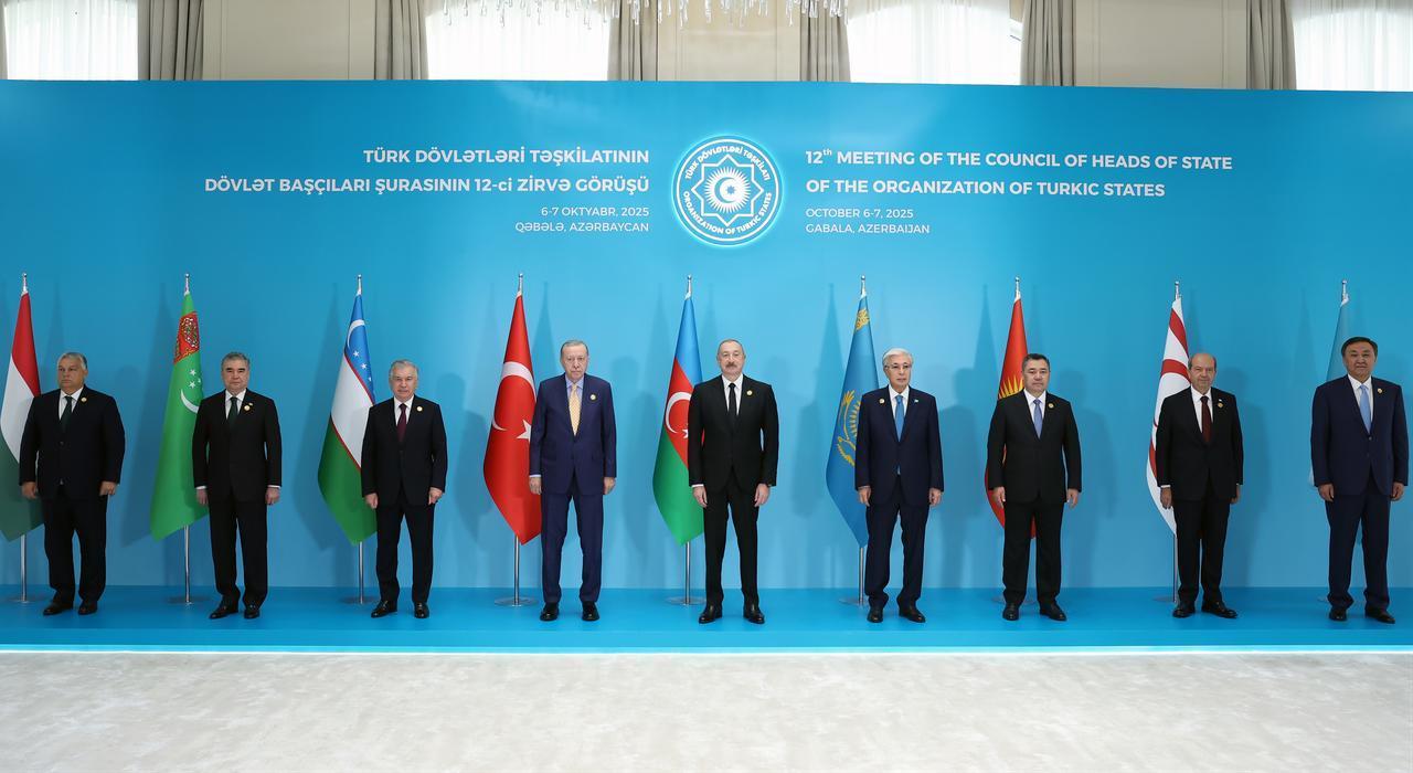 Leaders of the Organization of Turkic States (OTS) at the Heydar Aliyev Congress Center in Gabala, Azerbaijan, on October 07, 2025. (Photo via Turkish Presidency/Mustafa Kamaci)
