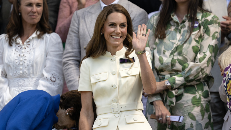Catherine, Princess of Wales, waves from the Royal Box prior to the the Ladies' Singles Final between Iga Swiatek of Poland and Amanda Anisimova of United States on day thirteen of The Championships Wimbledon 2025