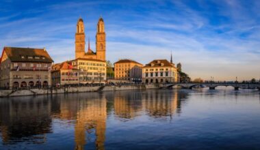 Zurich cityscape featuring the twin towers of Grossmunster cathedral and the Limmat River at sunset