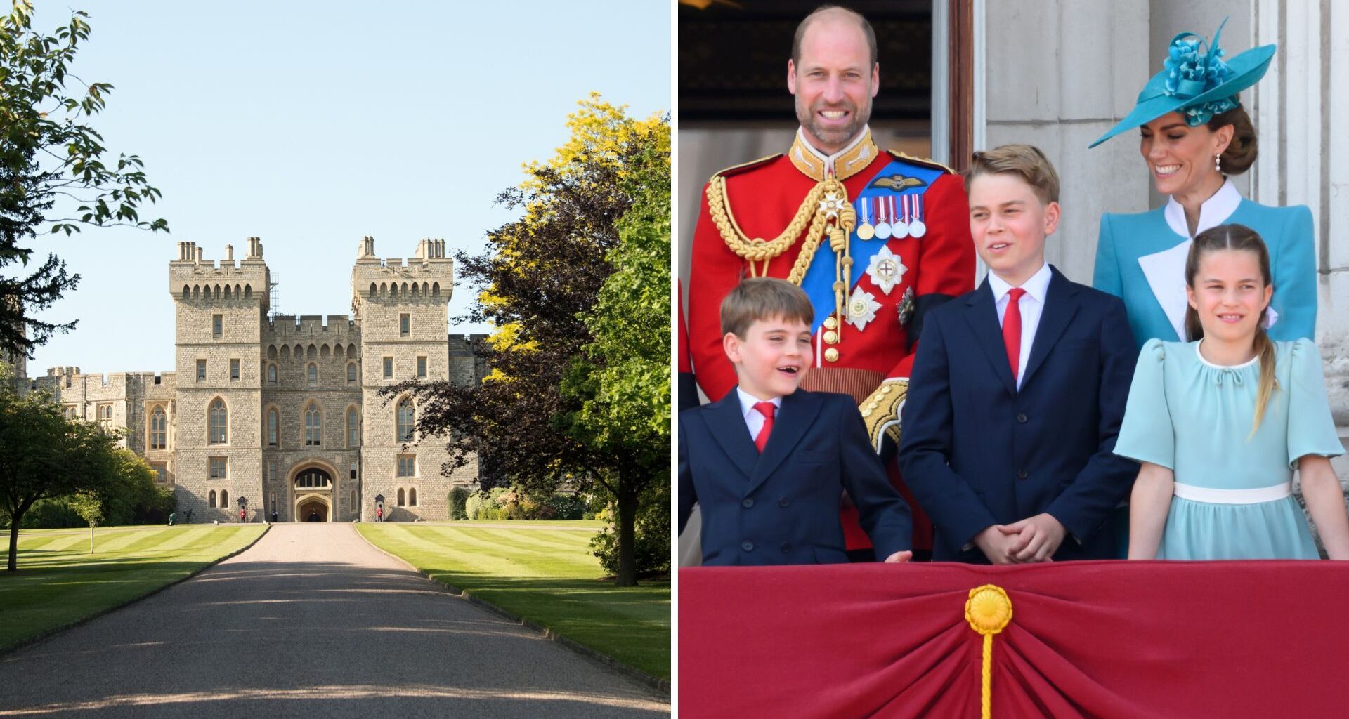 A composite of a picture of Windsor Castle and a picture of the Wales family at Trooping the Colour