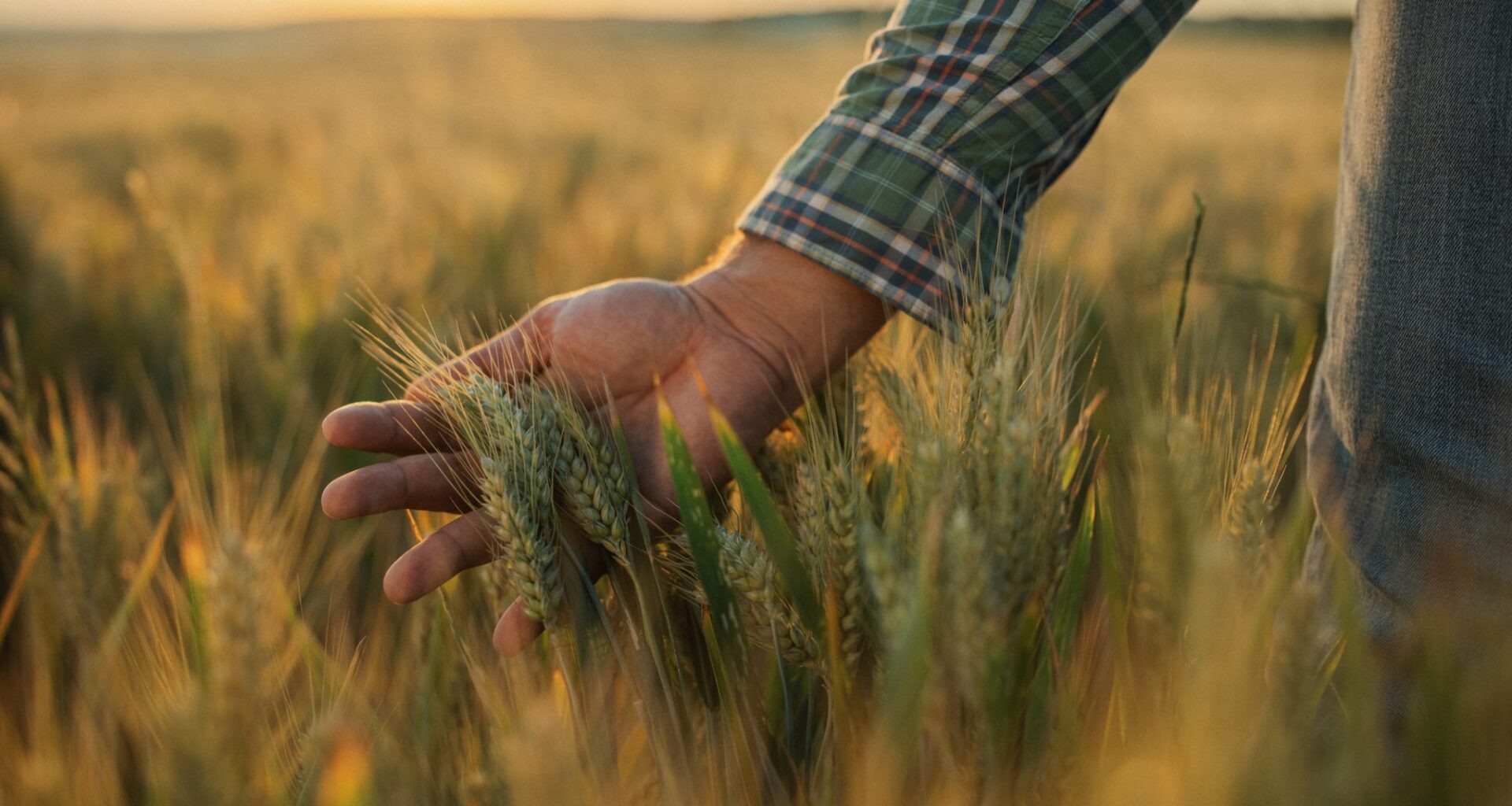 Hand examining wheat in field.