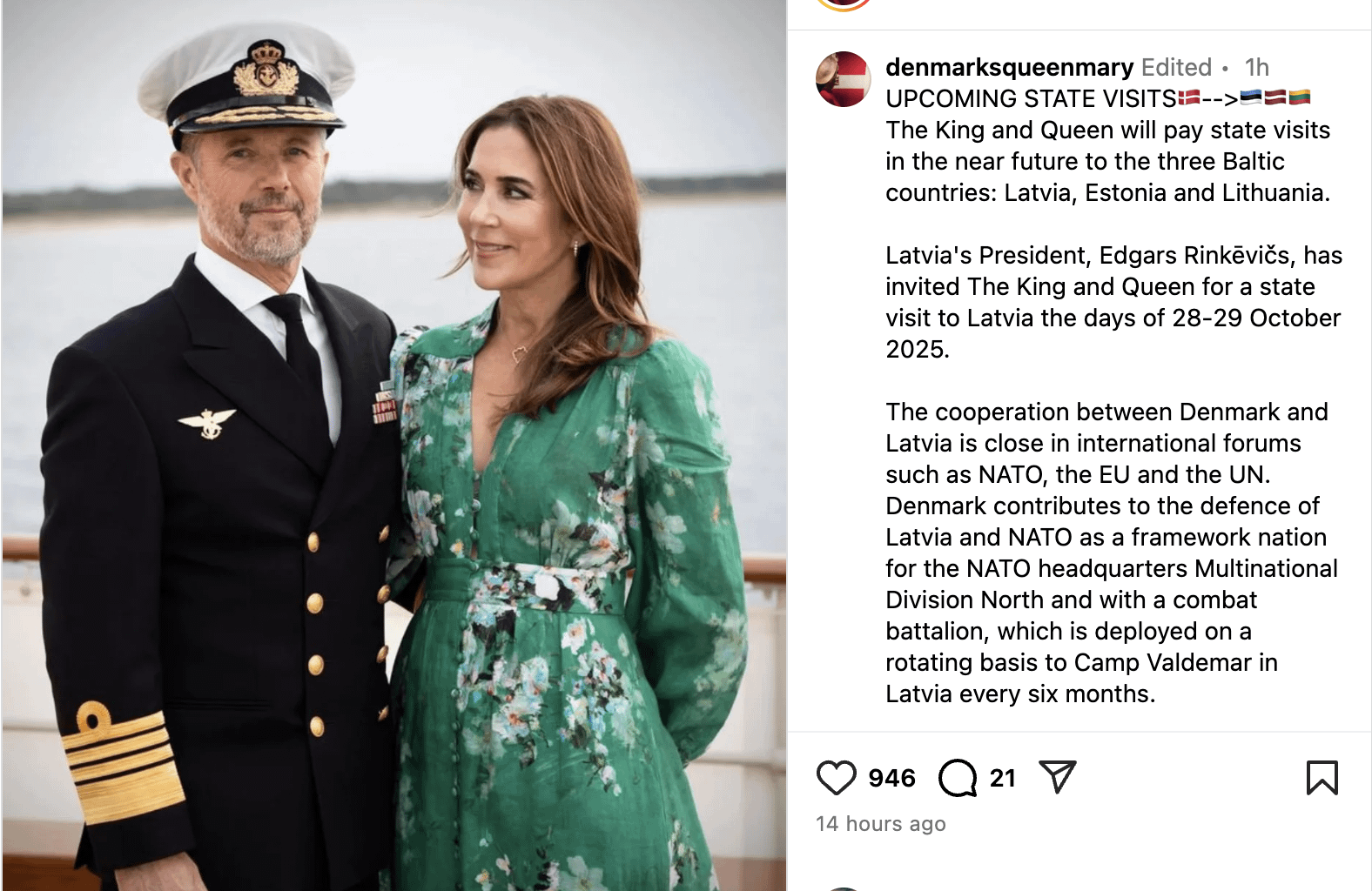 Queen Mary and King Frederik of Denmark announce visit to Latvia, Lithuania and Estonia Oct 28-29 to "to emphasize the common European commitment and continued support for Ukraine."