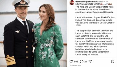 Queen Mary and King Frederik of Denmark announce visit to Latvia, Lithuania and Estonia Oct 28-29 to "to emphasize the common European commitment and continued support for Ukraine."