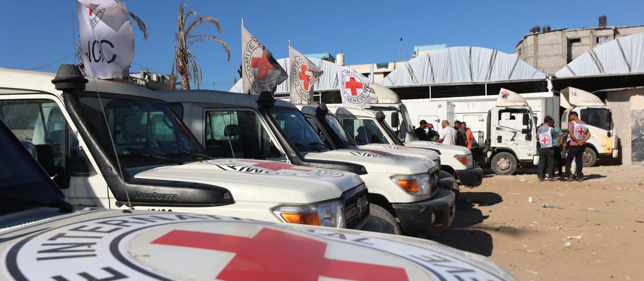 Fahrzeuge des Roten Halbmonds und Kühlwagen stehen vor dem Nasser-Krankenhaus im Gazastreifen.