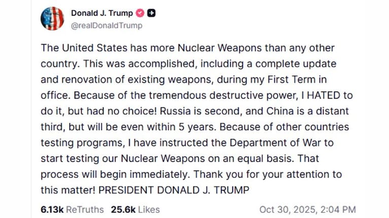 In a post to social media, the US President appeared to suggest the country would resume testing nuclear weapons for the first time in 30 years. 