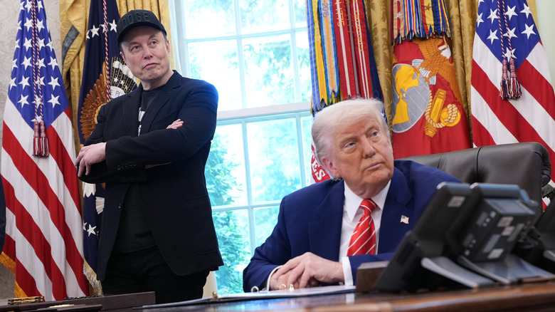 Elon Musk standing behind Donald Trump in the Oval Office